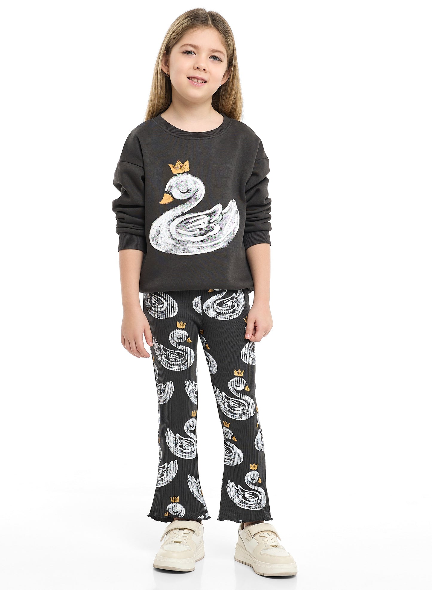 Girls Crowned Swan Fleece Tracksuit – Black 2-Piece Set