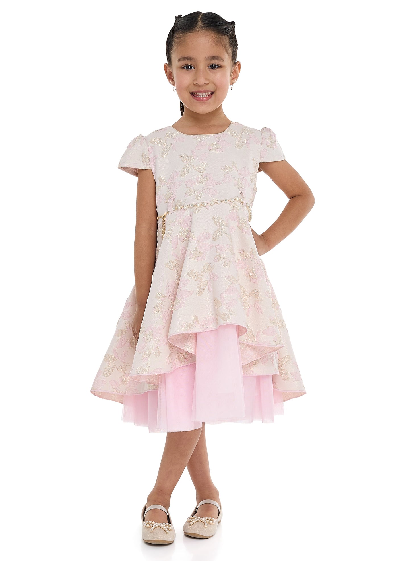 Girls Elegant Pink/Gold Jacquard & Tulle Party Dress