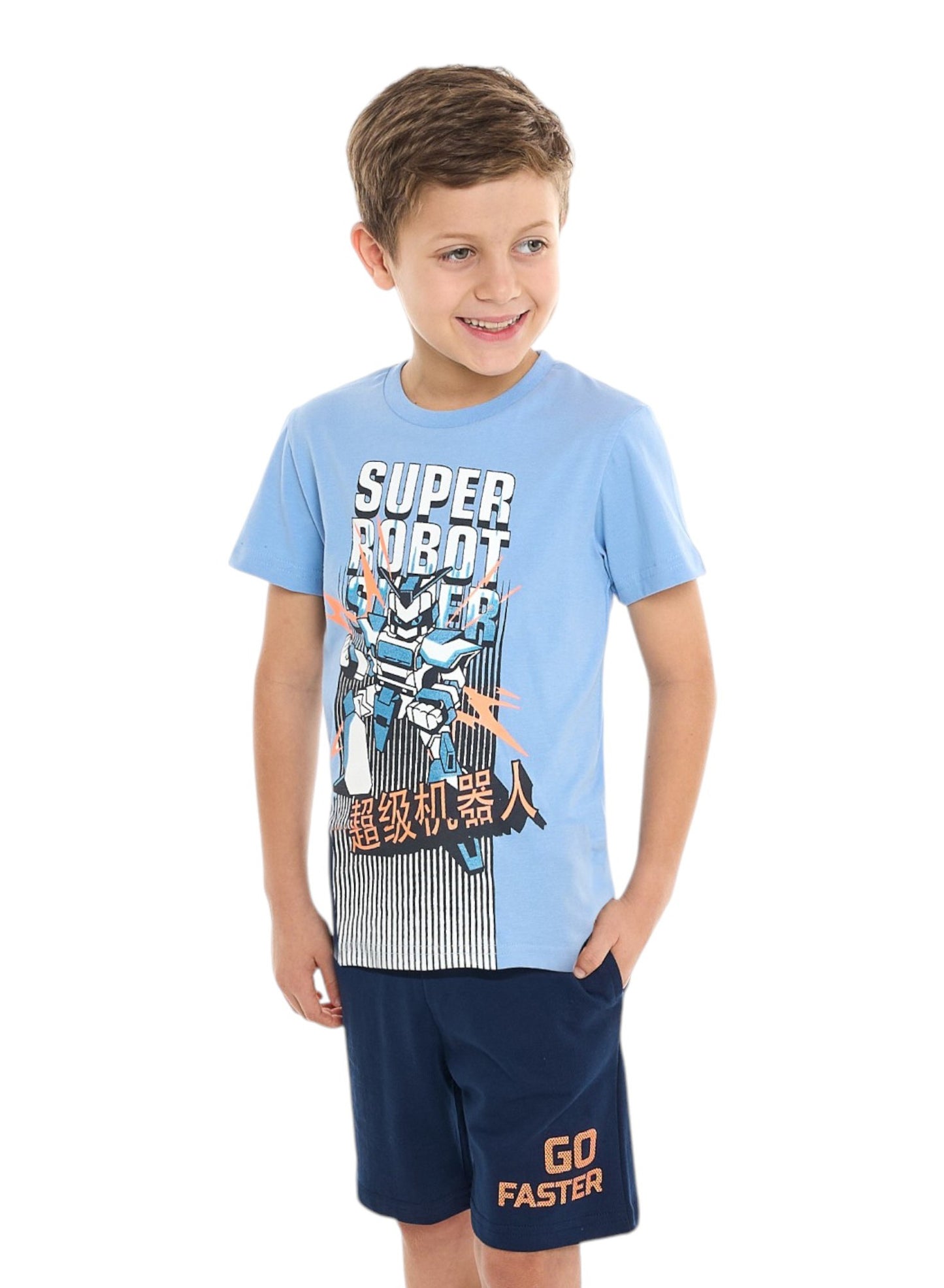 Victor and Jane Boys' 2 Piece Sets with Matching Tshirt And Slogan Print Shorts- Blue and Navy