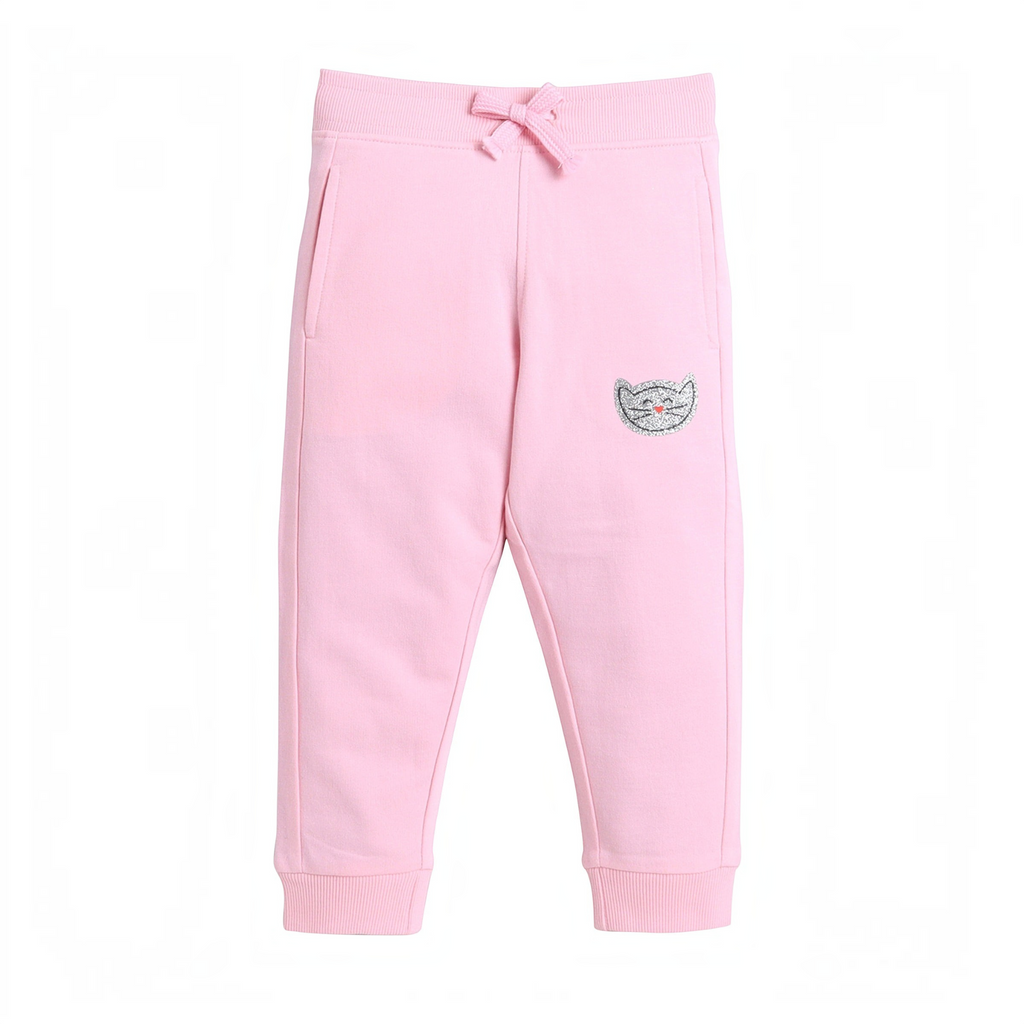 victor and jane light pink cotton sweatpants with a cute glittery cat face graphic on the hip and a drawstring waist