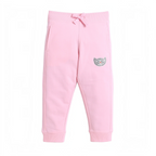 victor and jane light pink cotton sweatpants with a cute glittery cat face graphic on the hip and a drawstring waist