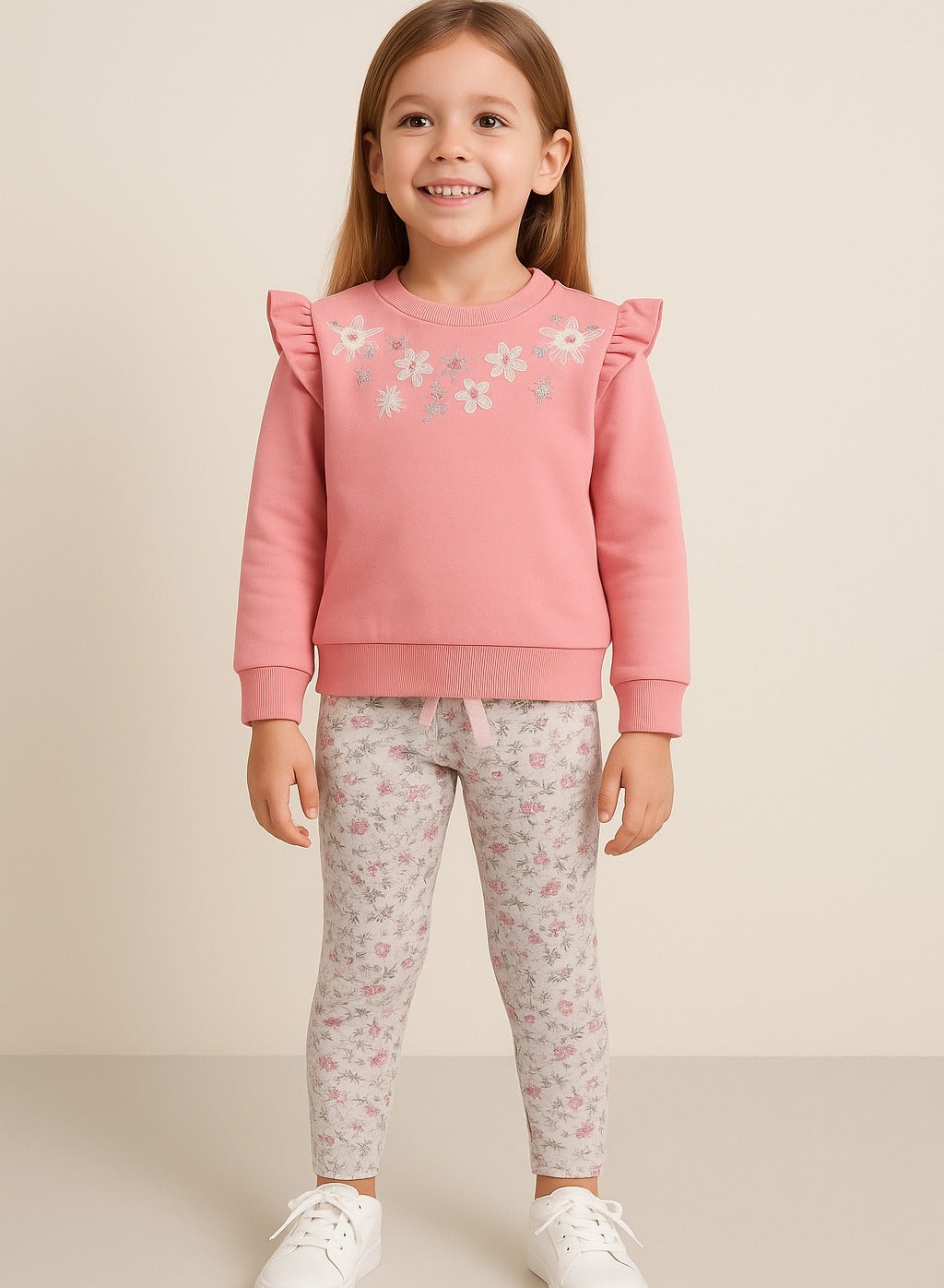 Dirkje Cotton Floral Embroidered Full Sleeves Sweatshirt & Joggers Set - Coral And Beige