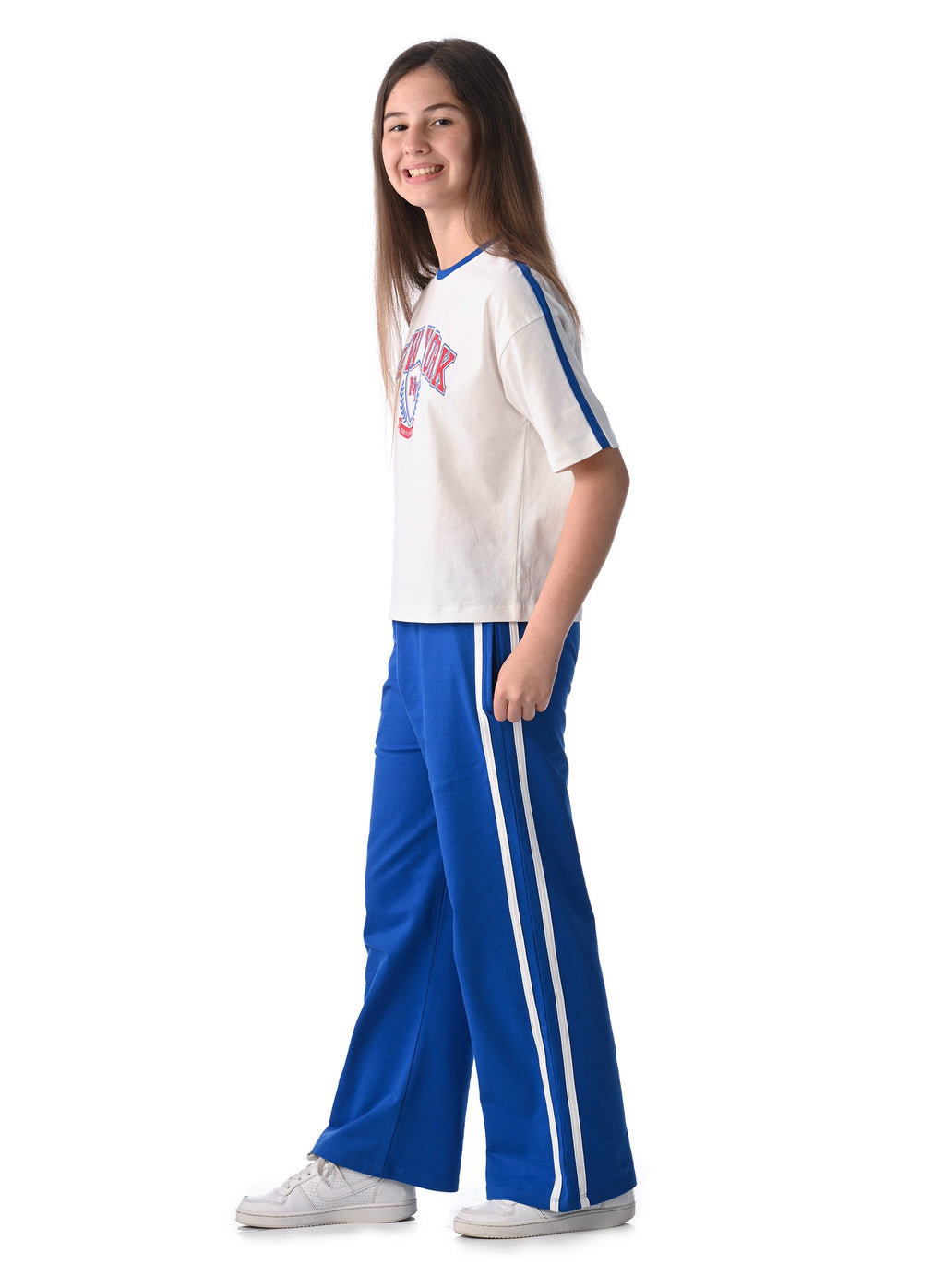 Victor And Jane Girls 2 Pc Set - Embellished Top With Matching Straight Pants With Tape Detail
