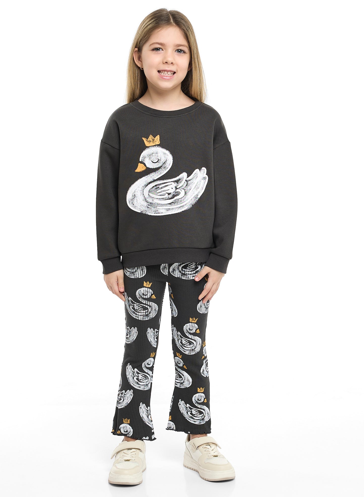 Girls Crowned Swan Fleece Tracksuit – Black 2-Piece Set