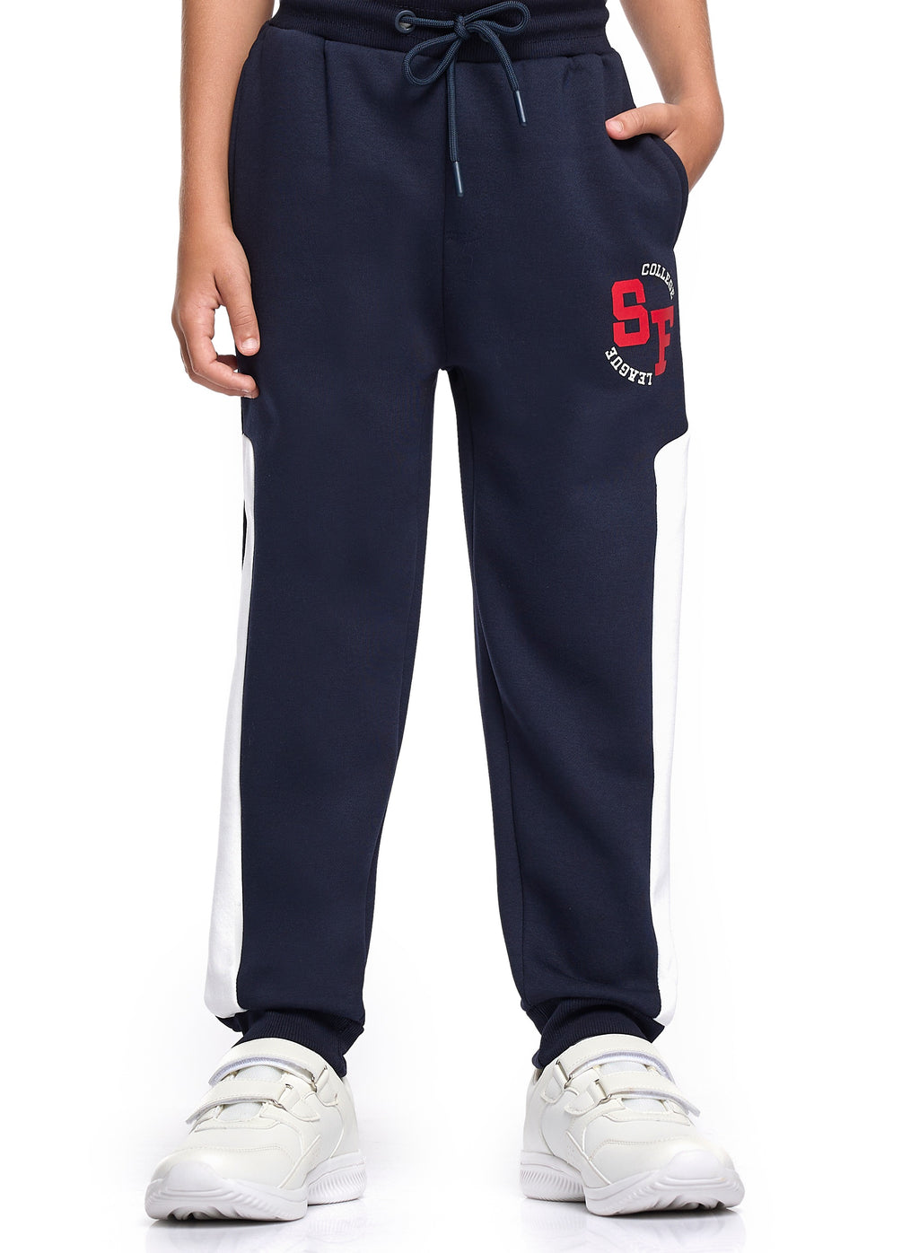 Victor And Jane Cotton Sf Patch & Printed Full Sleeves Zip Up Varsity Sweatshirt & Joggers Co-Ord Set - Navy Blue & White