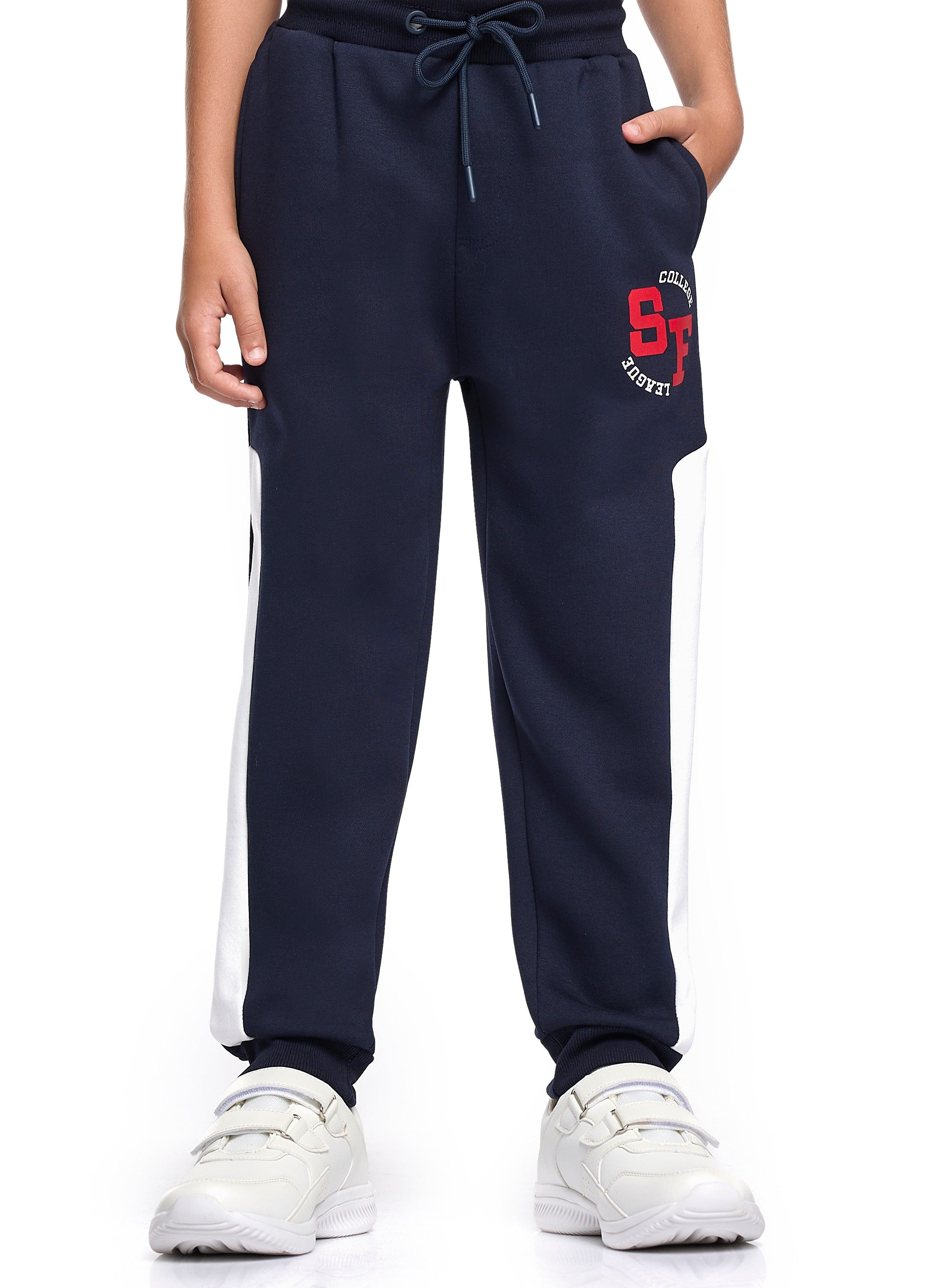 Victor And Jane Cotton Sf Patch & Printed Full Sleeves Zip Up Varsity Sweatshirt & Joggers Co-Ord Set - Navy Blue & White
