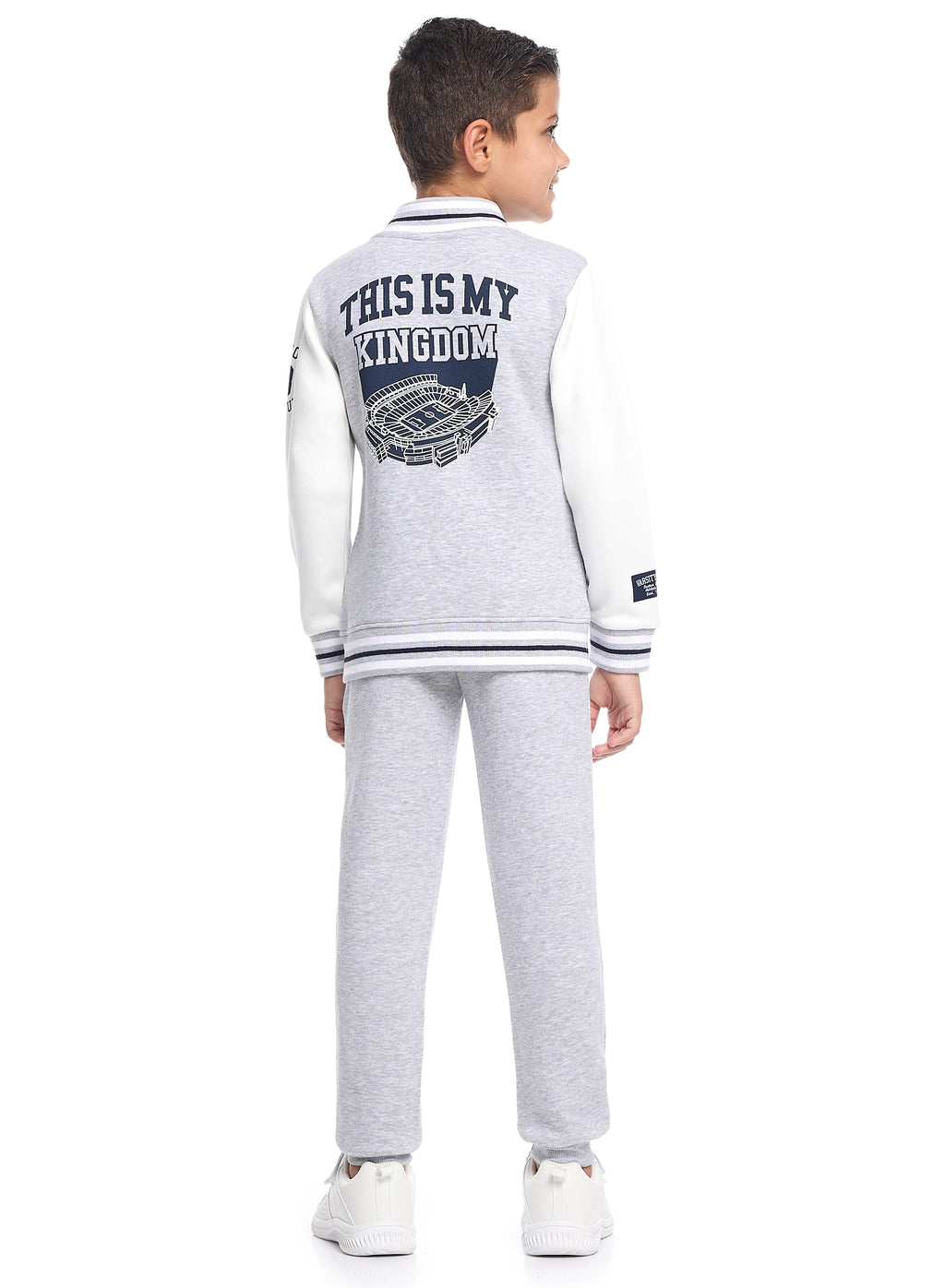 Victor And Jane Cotton Boston 98 Printed Full Sleeves Varsity Jacket & Joggers Co-Ord Set - Grey