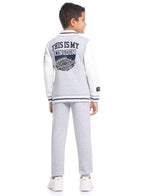 Victor And Jane Cotton Boston 98 Printed Full Sleeves Varsity Jacket & Joggers Co-Ord Set - Grey