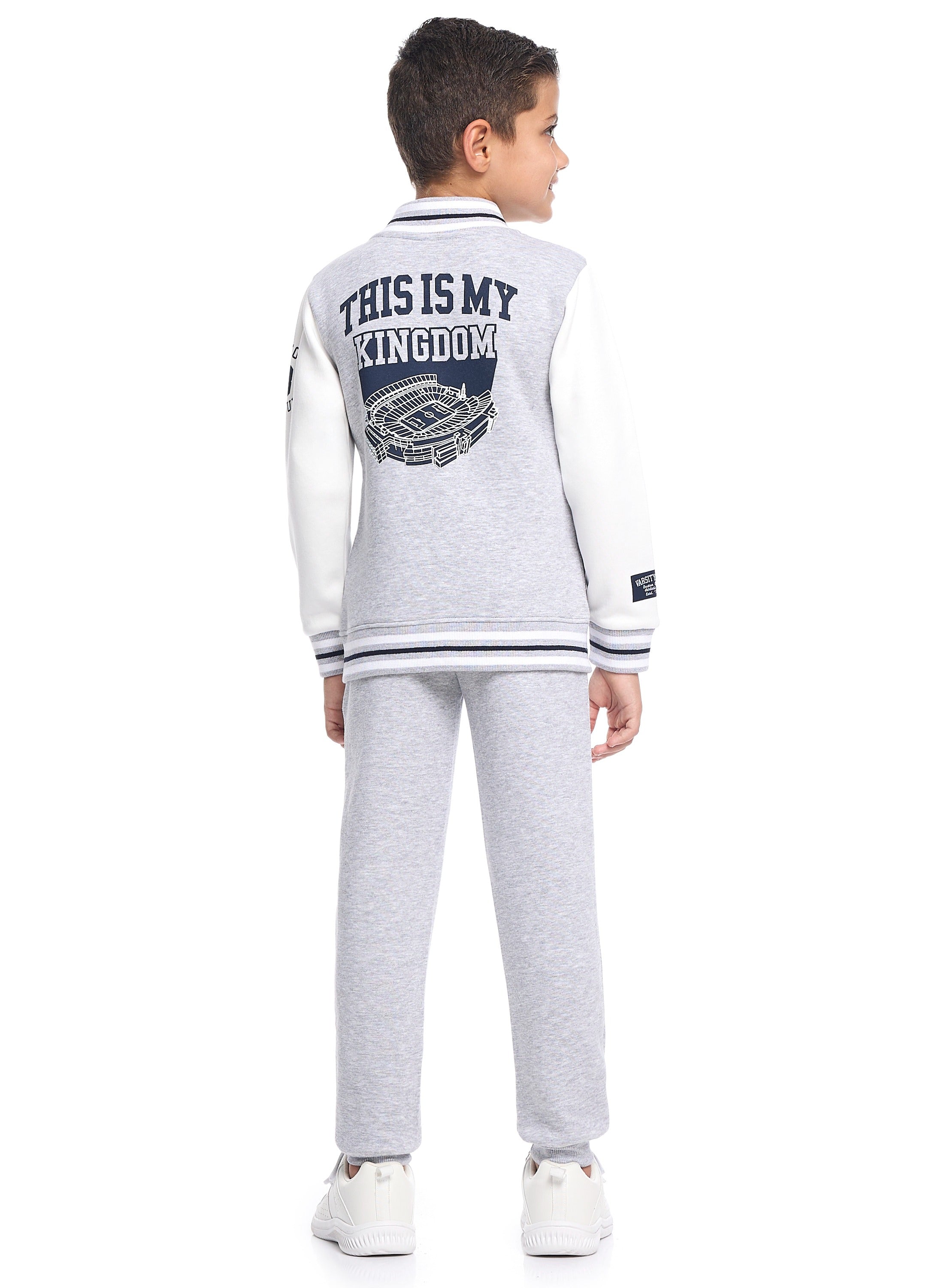 Victor And Jane Cotton Boston 98 Printed Full Sleeves Varsity Jacket & Joggers Co-Ord Set - Grey