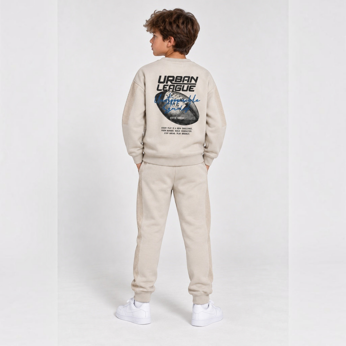victor and jane boys' beige fleece sweatshirt and jogger set with football graphic print on the back