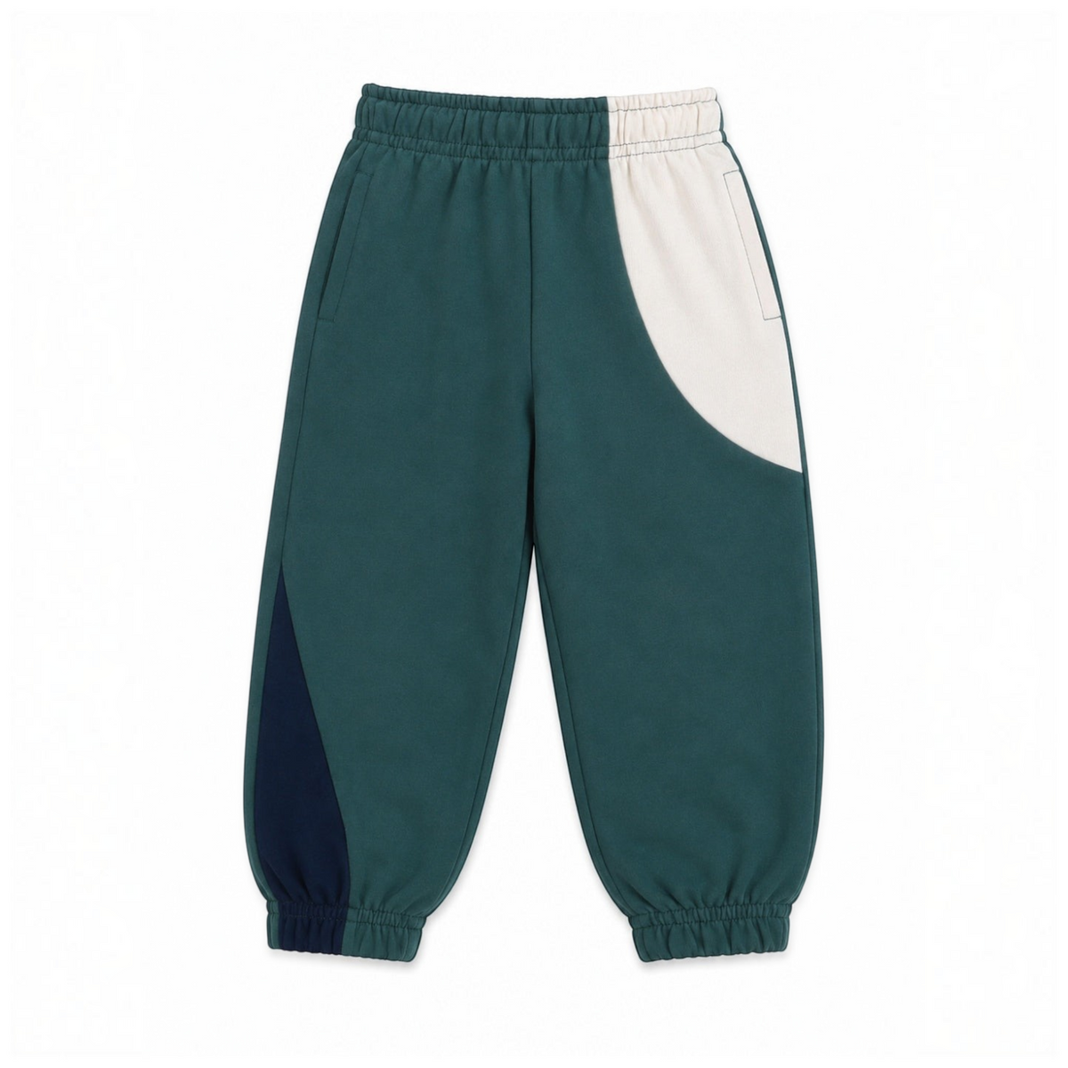 victor and jane boys green cotton french terry jogger pants with cream and navy colour-block side panel details