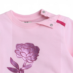 victor and jane light pink cotton sweatshirt for girls featuring a metallic purple rose graphic and shoulder snaps