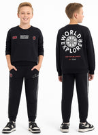 Kids Black Pullover Hoodie & Joggers Set With Œworld Explorer” Logo
