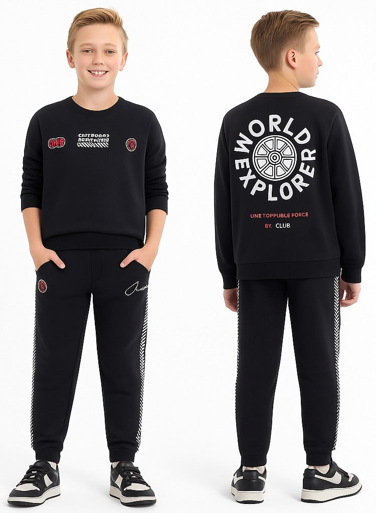 Kids Black Pullover Hoodie & Joggers Set With Œworld Explorer” Logo