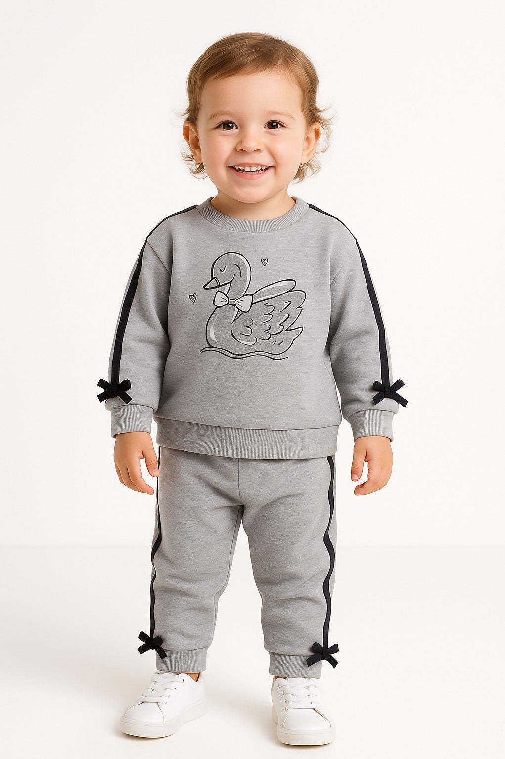 Baby Girl Swan Embroidered Fleece Tracksuit – Grey 2-Piece Set