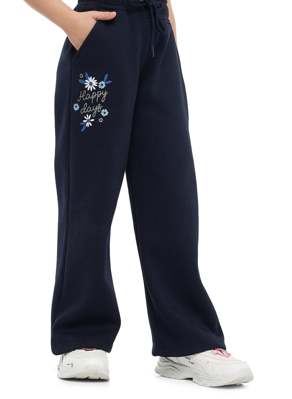 Girls Floral Embroidered Fleece Tracksuit “ Navy 2-Piece Set