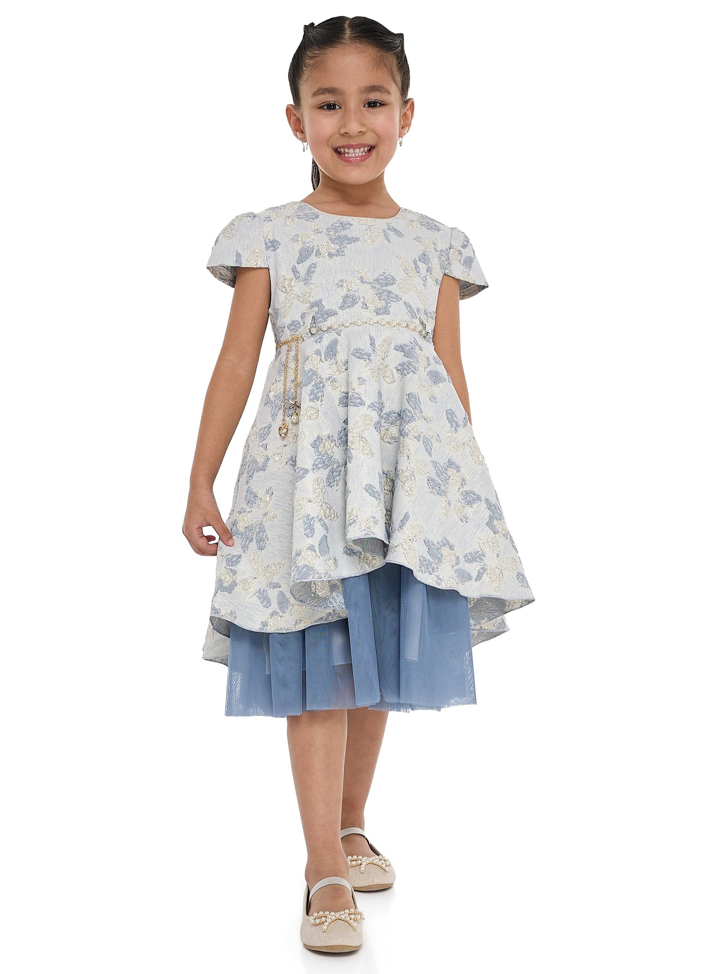 Girls Elegant Lt Blue/Gold Jacquard & Tulle Party Dress