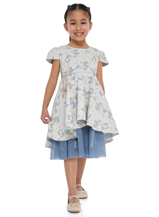 Girls Elegant Lt Blue/Gold Jacquard & Tulle Party Dress