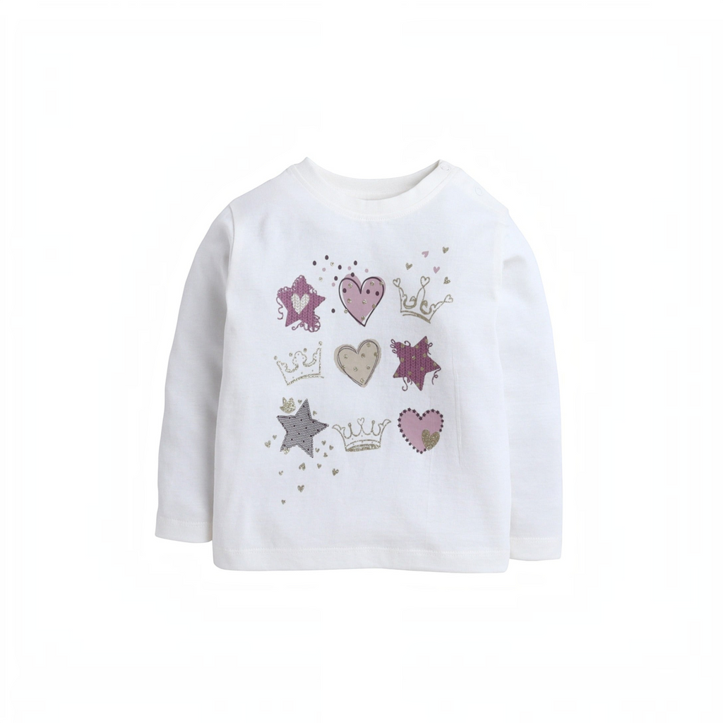 victor and jane white long-sleeve girl's shirt featuring pink and gold glitter hearts, stars, and crown prints