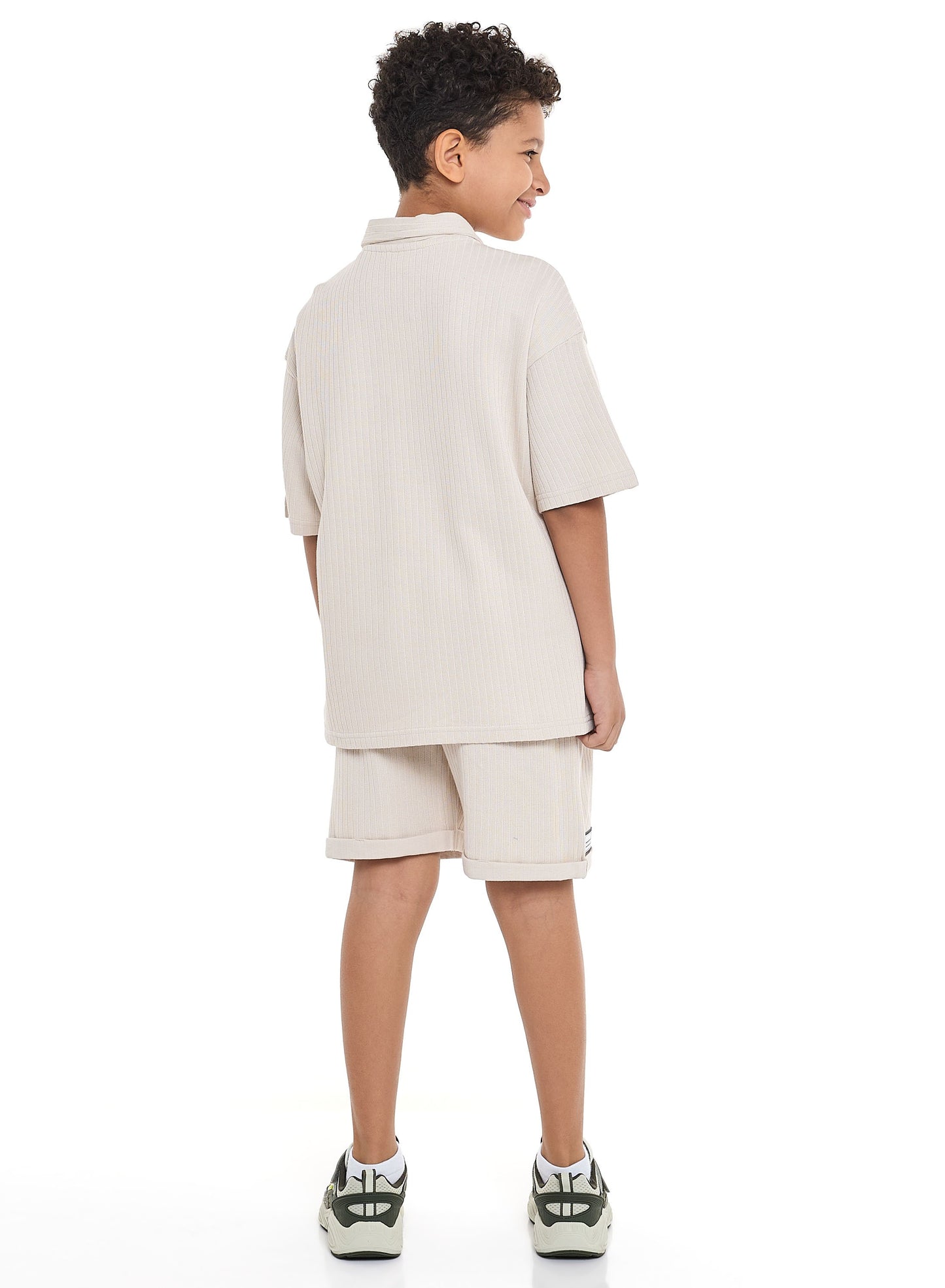 Victor and Jane Boys' Jacquard Set – Beige 2-Piece Outfit with Patch Polo T-shirt and Shorts