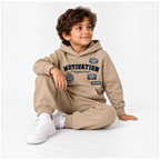 victor and jane boys beige fleece hoodie and jogger set with navy blue athletic patches worn by a young boy