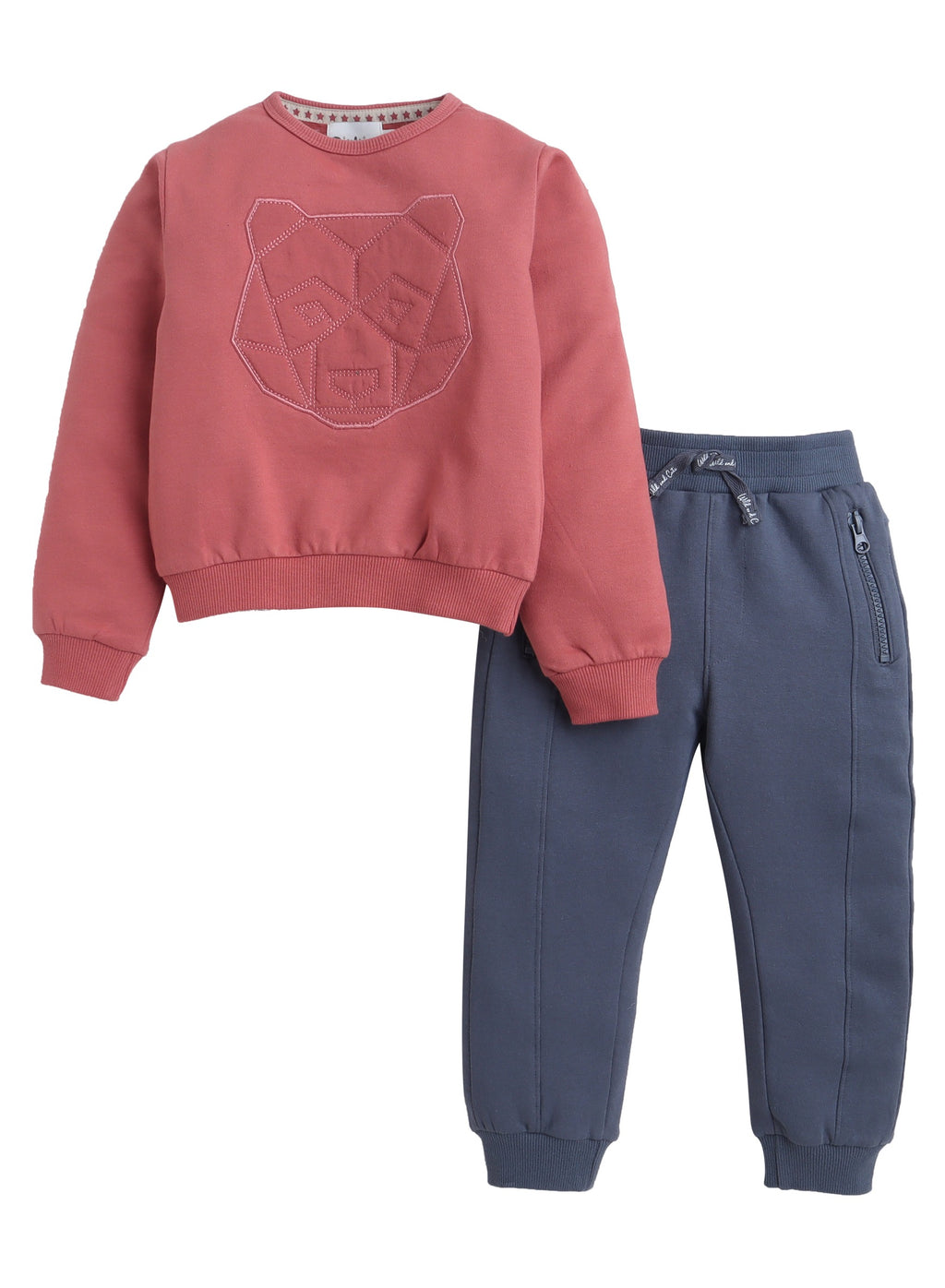 Dirkje Cotton Bear Face Embroidered Full Sleeves Sweatshirt & Joggers Set - Pink/Navy Blue