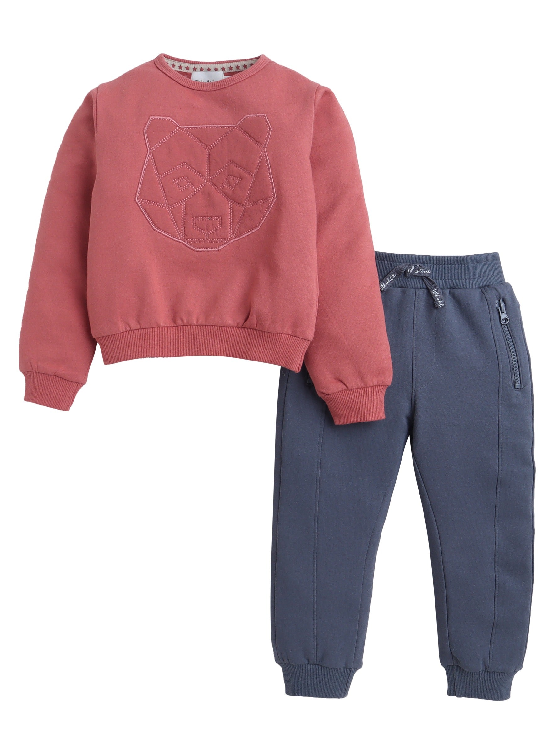 Dirkje Cotton Bear Face Embroidered Full Sleeves Sweatshirt & Joggers Set - Pink/Navy Blue