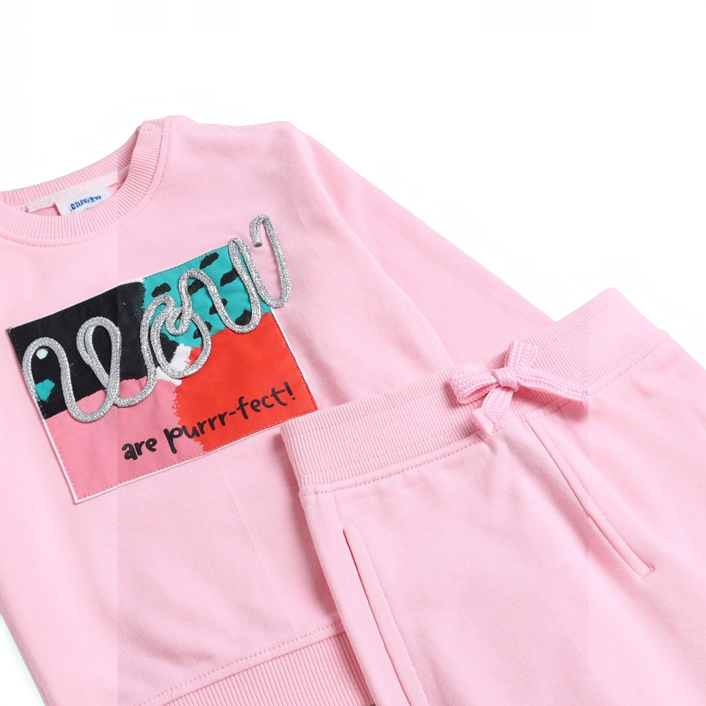 victor and jane 2-piece pink graphic sweatshirt and sweatpants set with glittery cat-themed text detail