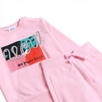 victor and jane 2-piece pink graphic sweatshirt and sweatpants set with glittery cat-themed text detail