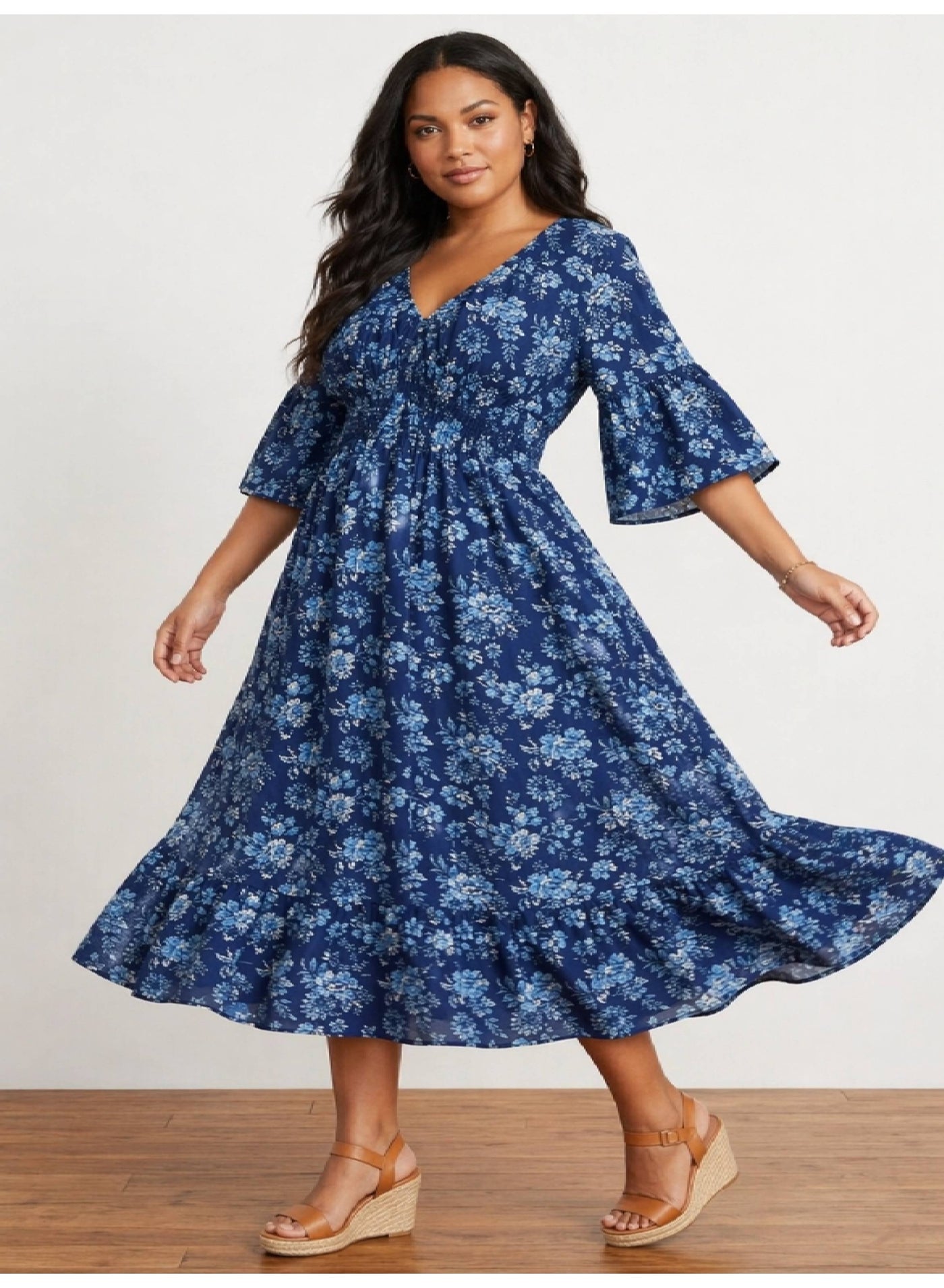 Women'S Blue Printed Midi Dress