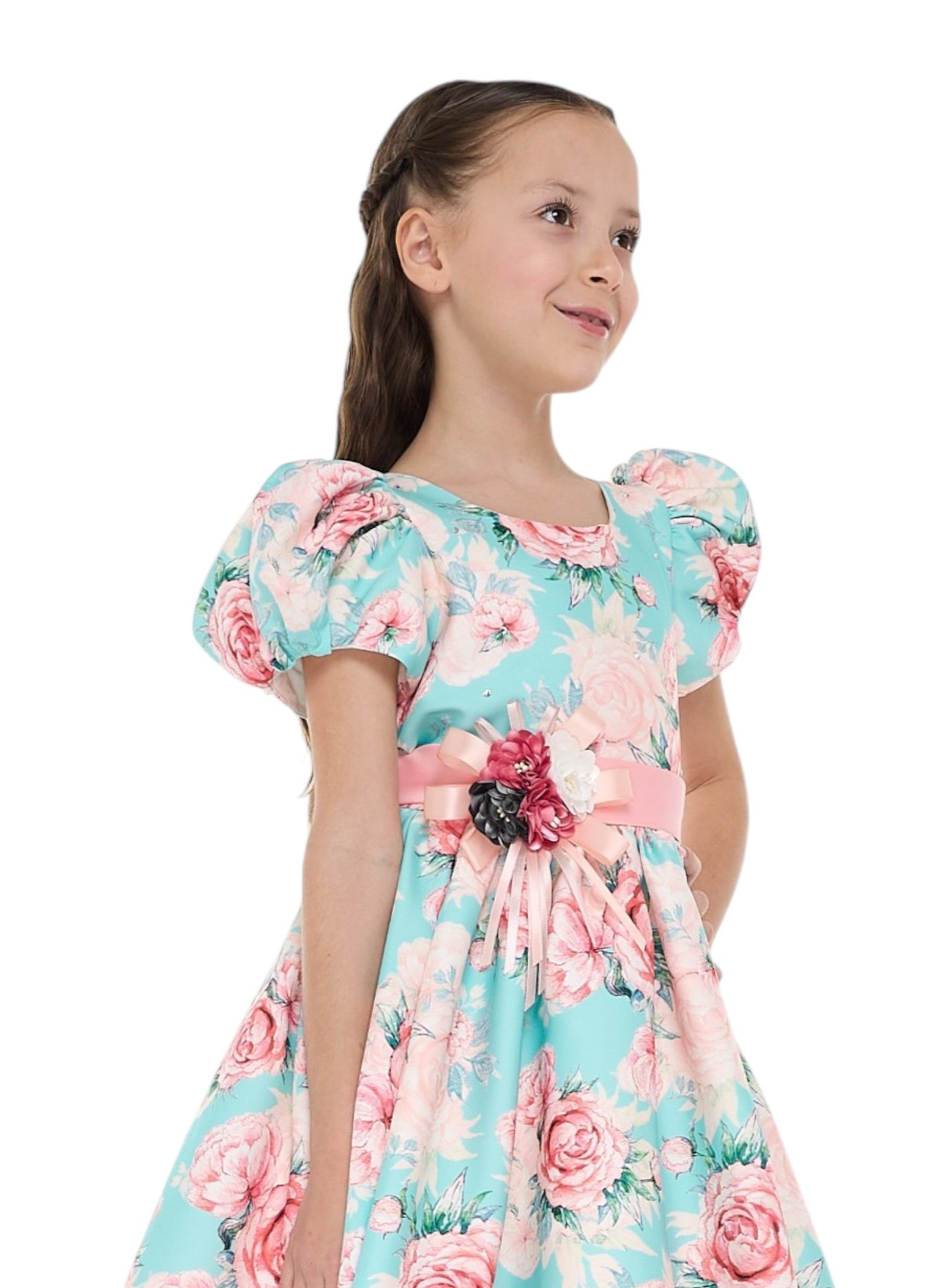 Victor And Jane Floral Satin Dress With Mesh Edge