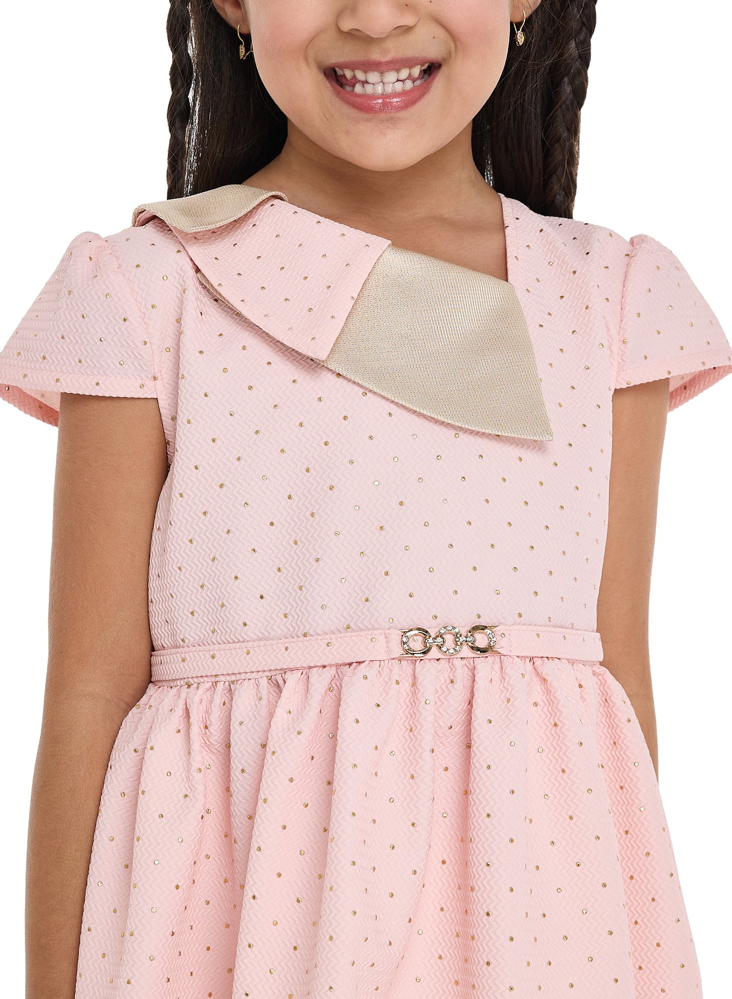 Chic Pink/Gold Lapel Jacquard Dress