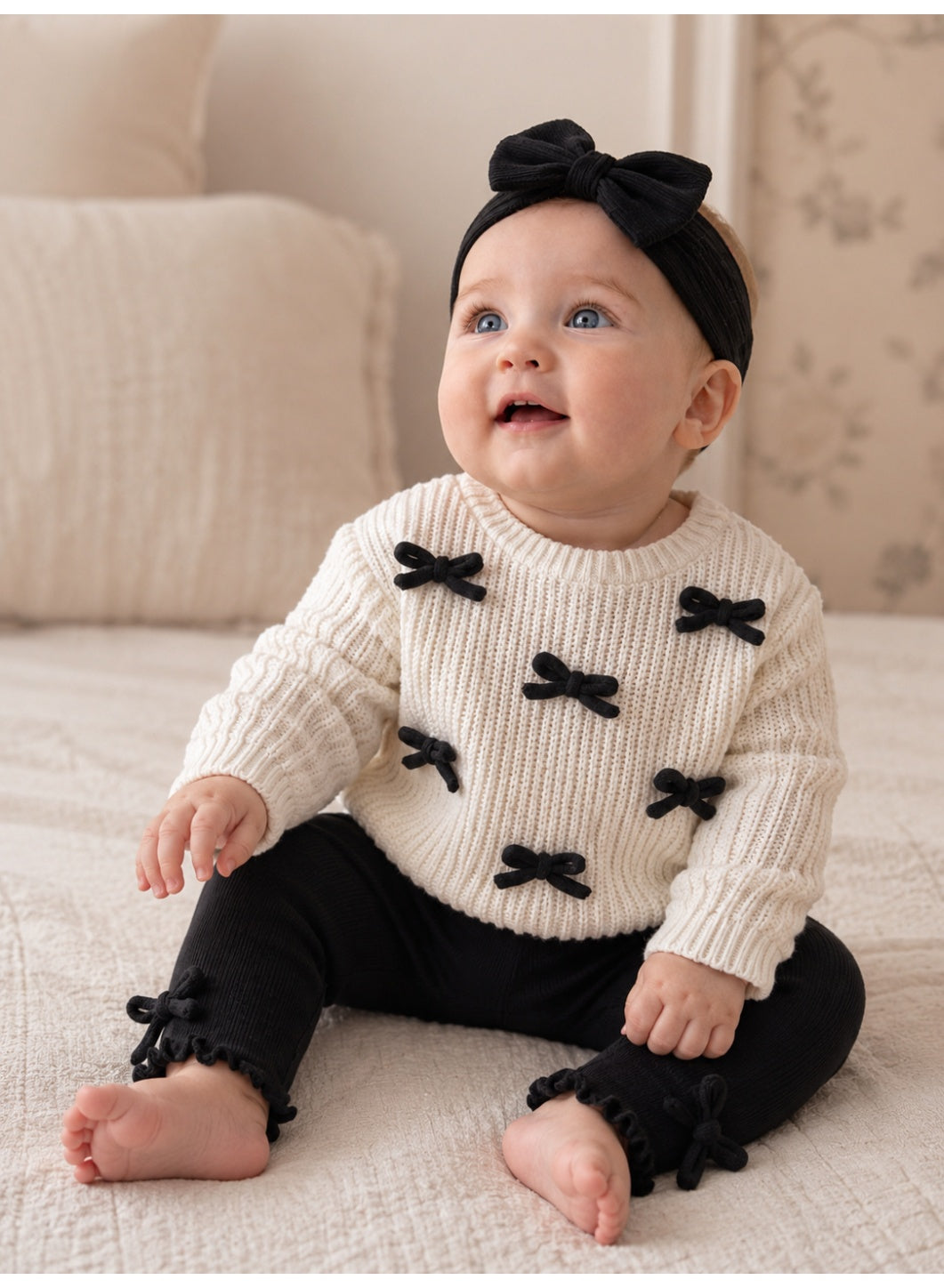 Baby Girls Ribbed sweatshirt & Leggings Set with Ribbon (3-Piece Set)