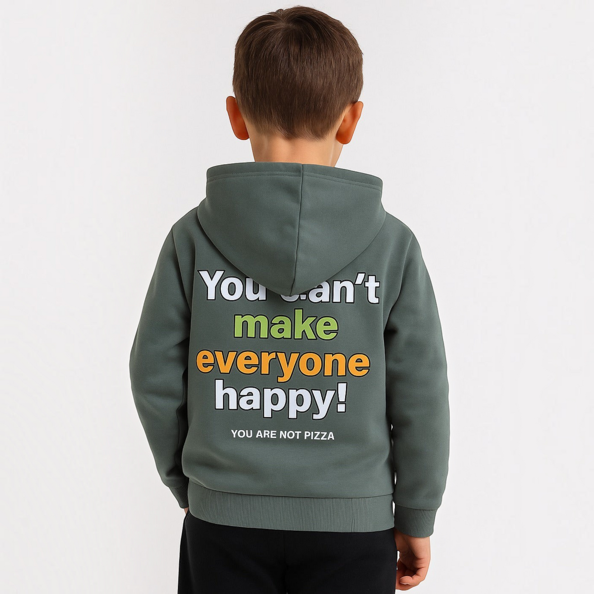 Back view of a boy wearing a victor and jane olive hoodie with a graphic print that says You can't make everyone happy