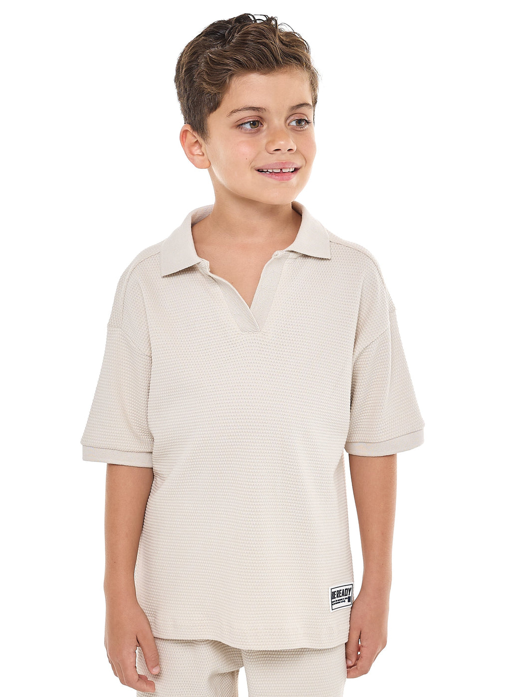 Oversized - Boys' Jacquard 2-Piece Set - Polo T-Shirt With Badge Detail And Matching Shorts With Pockets,