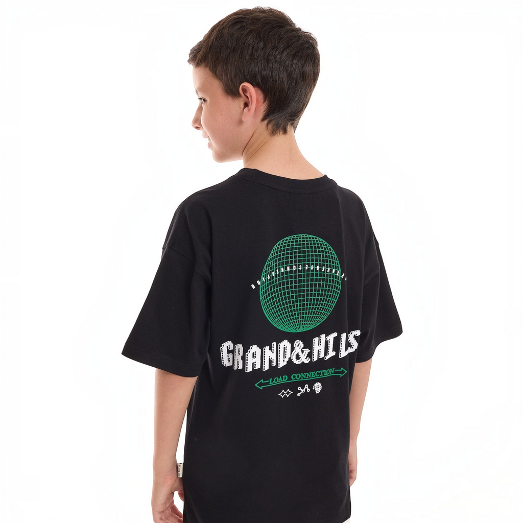 victor and jane black graphic t-shirt with a green disco ball print and white text on the back worn by a boy
