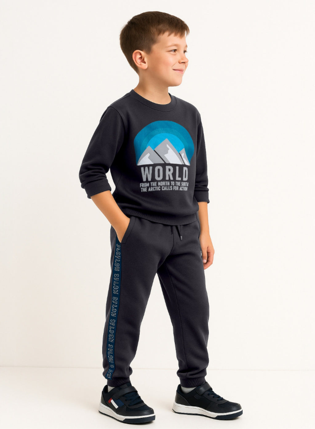 Victor And Jane Cotton World Adventure Graphic Full Sleeves Sweatshirt & Joggers Set - Charcoal Grey