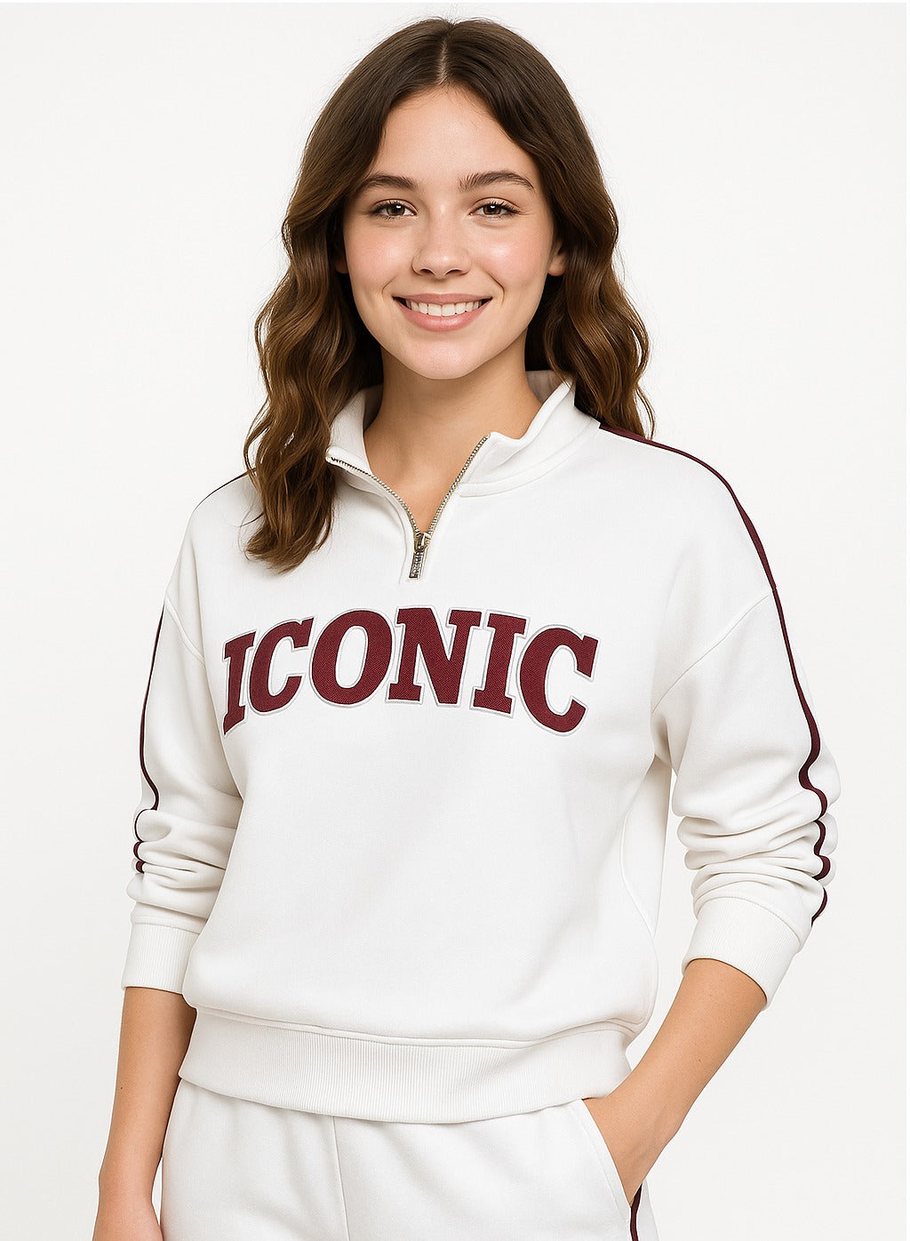 ICONIC White & Maroon Half-Zip  Sweater & Wide-Leg Jogger Set