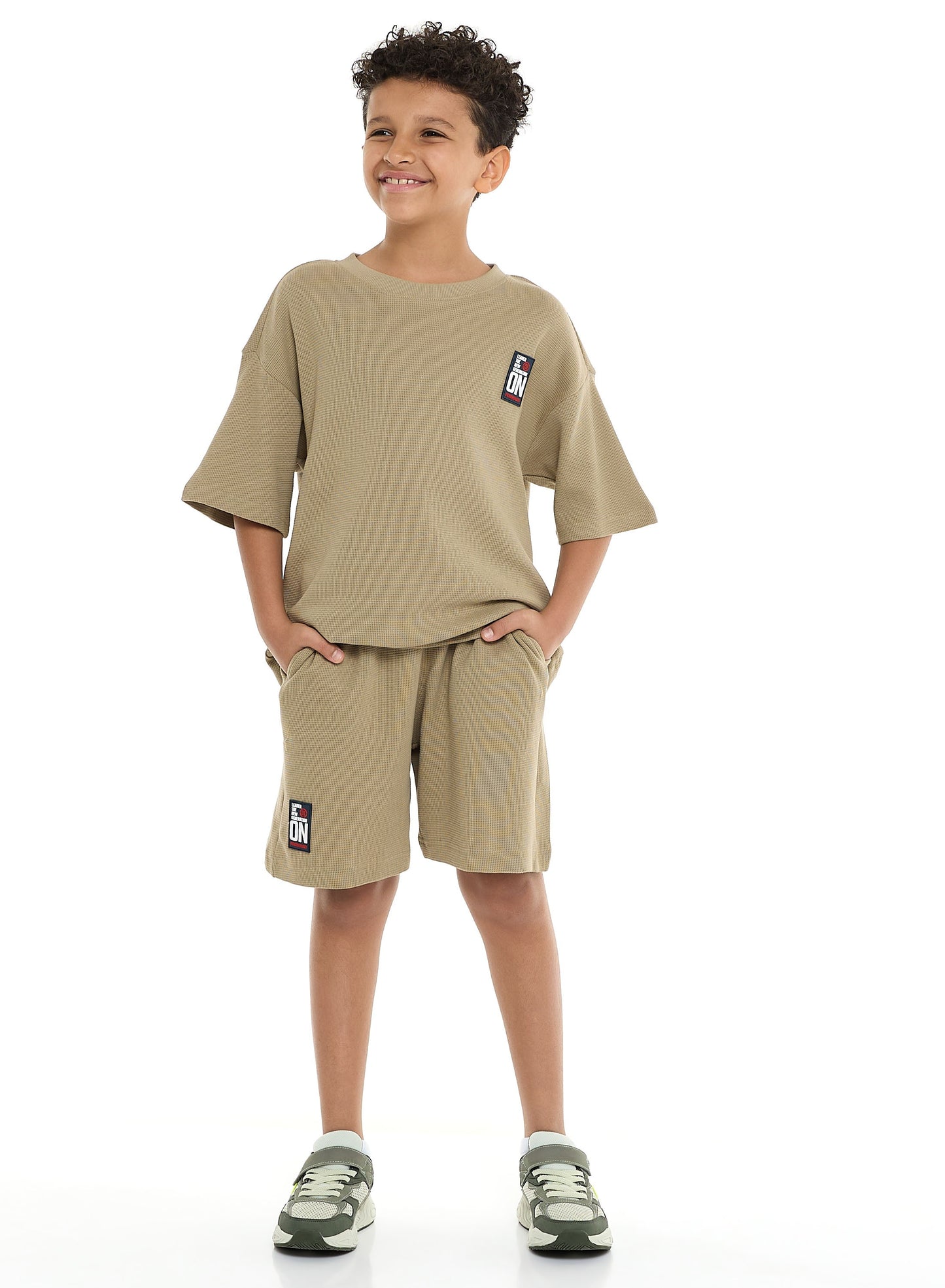 Victor and Jane Boys' Cord Set – Olive T-Shirt and Shorts Outfit with Label Detail