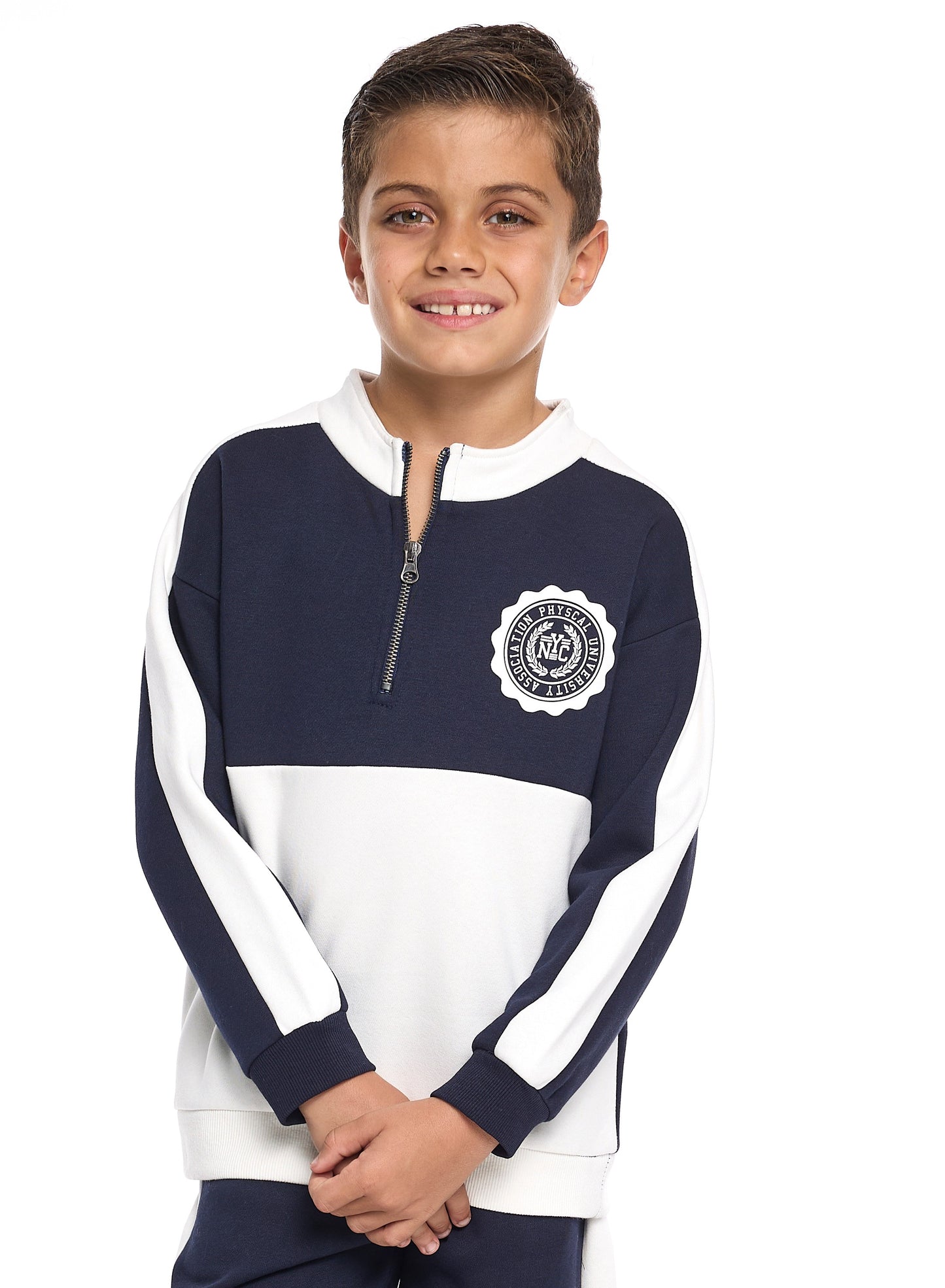 Boys Zip-Neck Colourblock Fleece Tracksuit - Navy & White