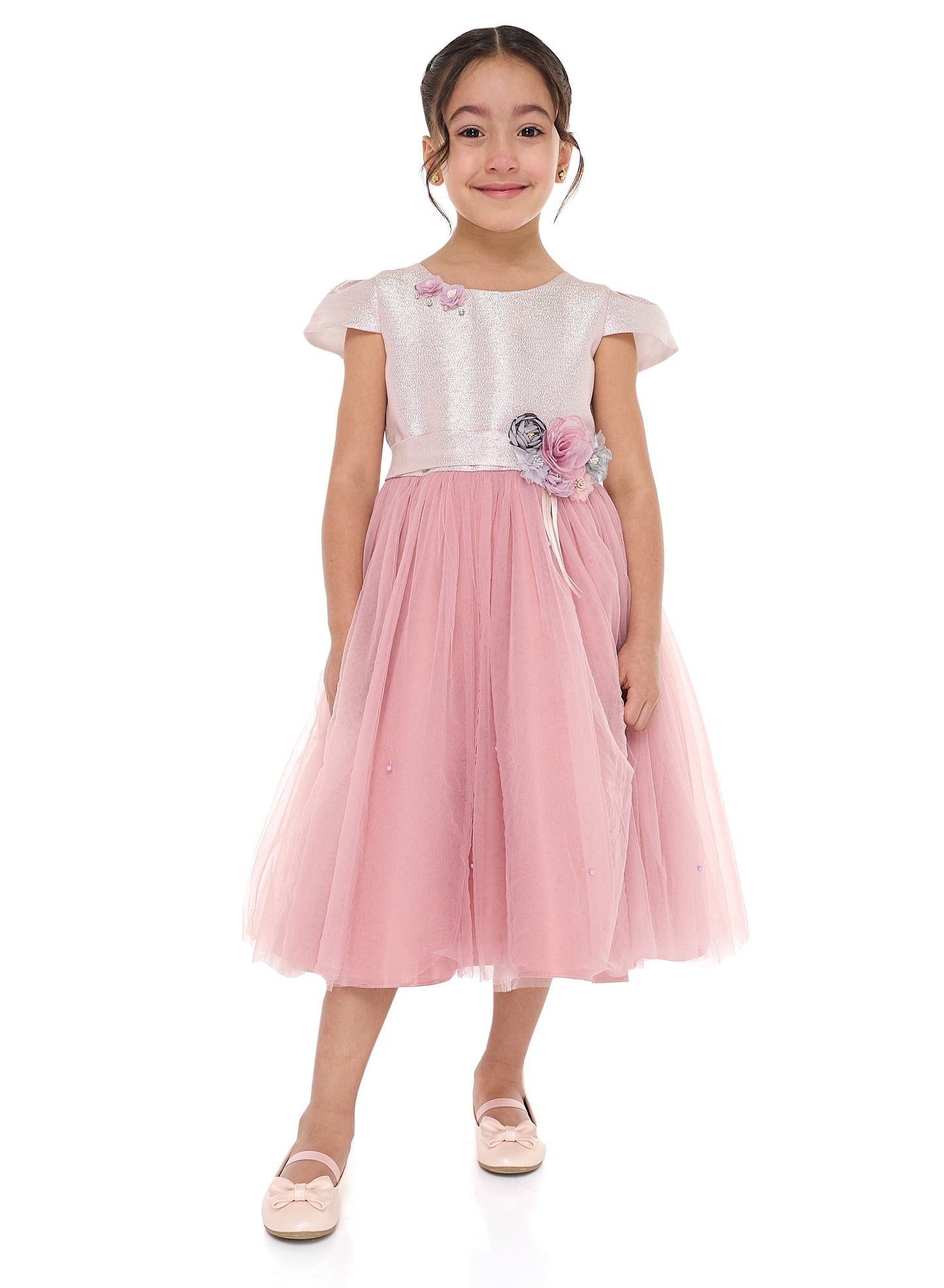 Girls Old Rose Jacquard & Tulle Dress With Flower Decoration