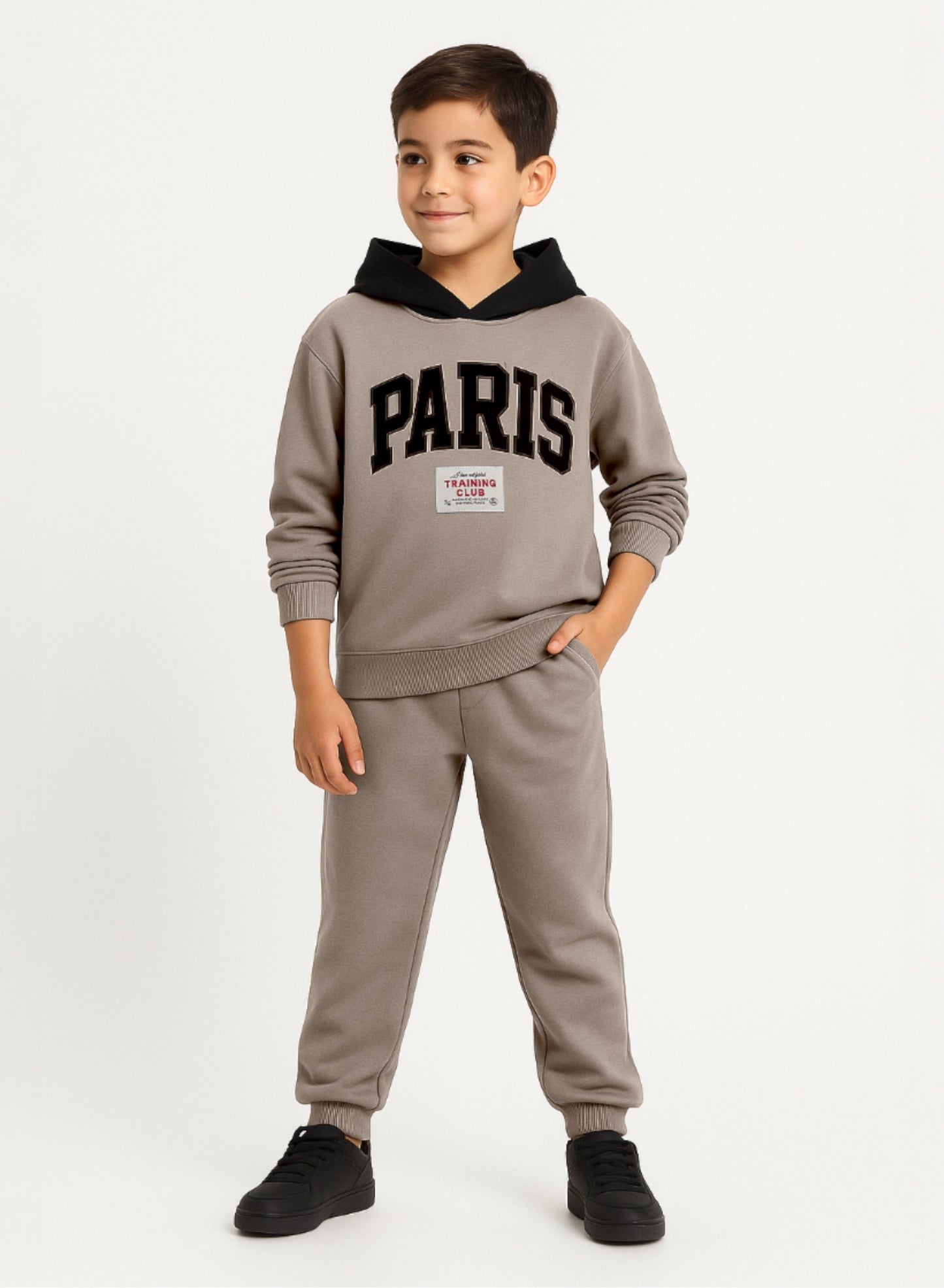 Boys Paris Patch Hoodie Fleece Tracksuit - Beige
