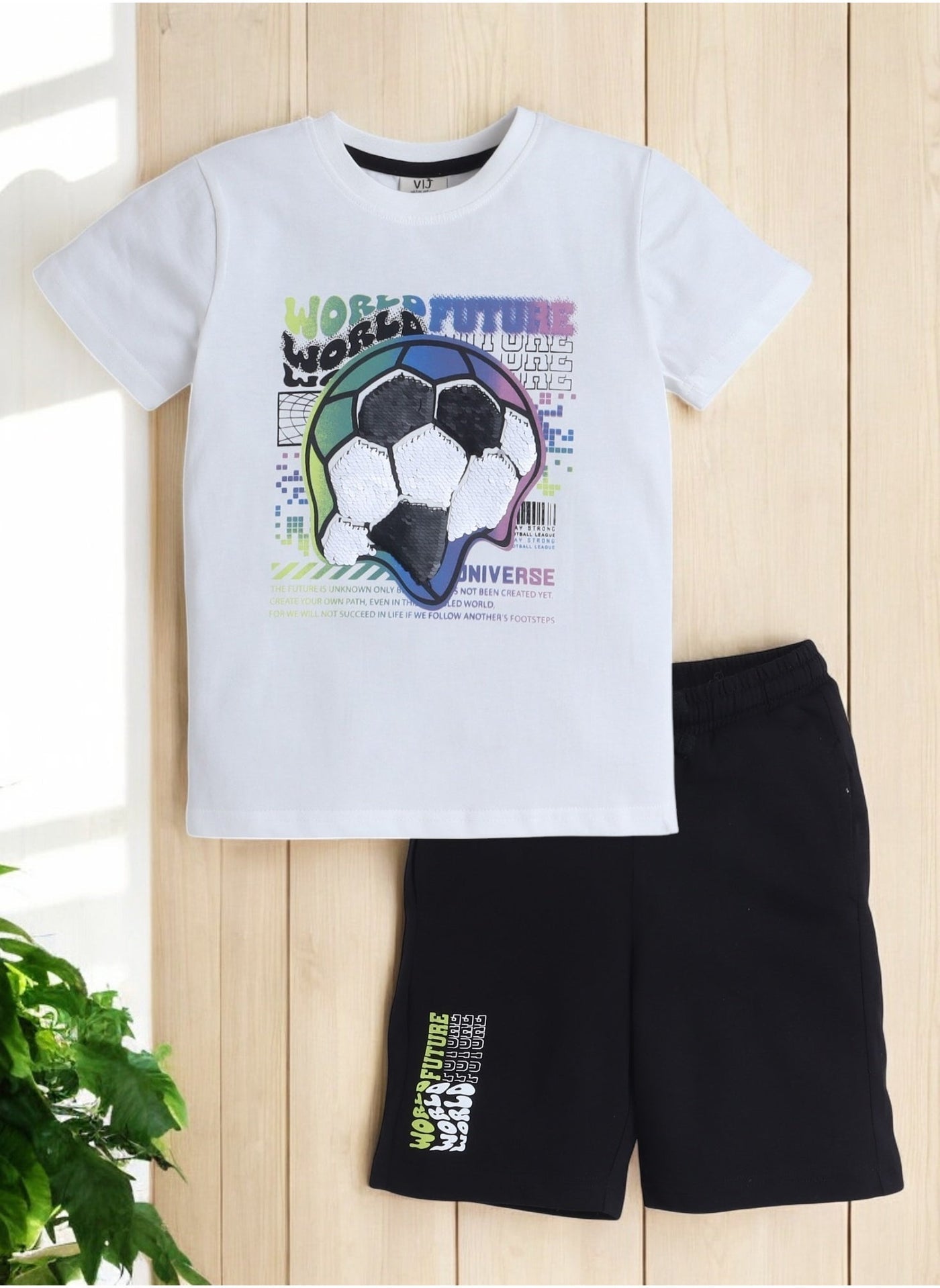 Victor and Jane JR Boys' 2PC Set, "Game On" Football Theme, 100% Cotton Summer Wear for Active Junior Boys, Off White Colour 2-3YRS