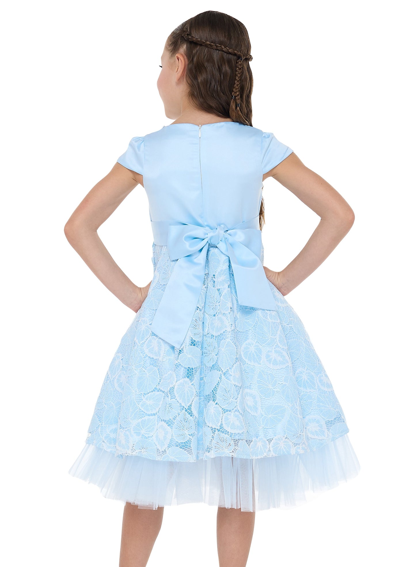 Chic Sky Blue Satin & Lace Party Dress With Mesh & Decoration