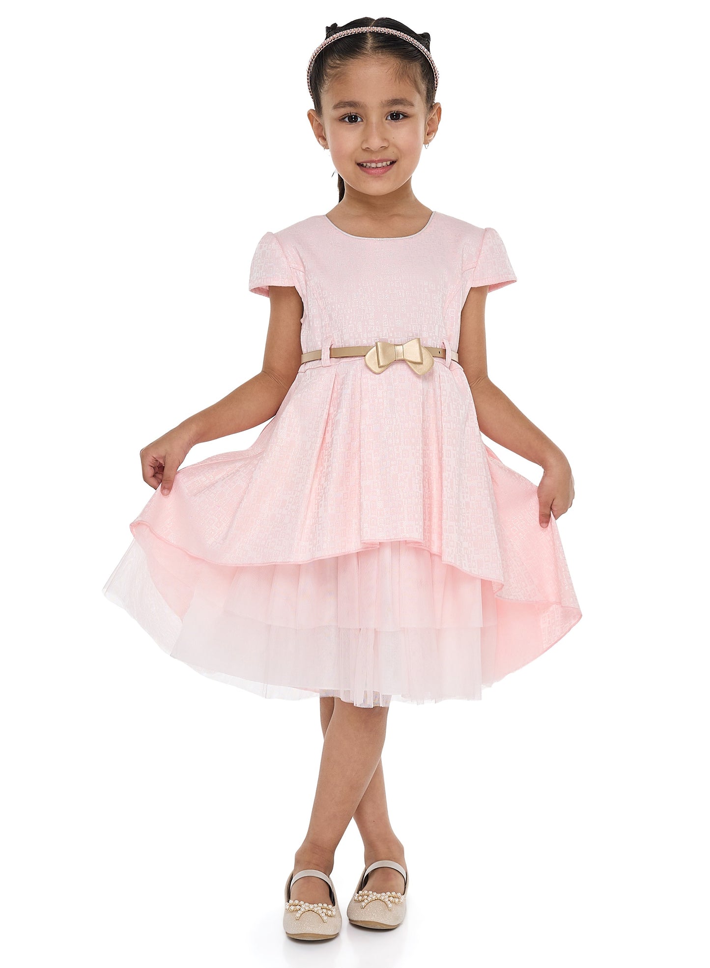 Girls Elegant Lt Pink/Gold Jacquard & Tulle Party Dress