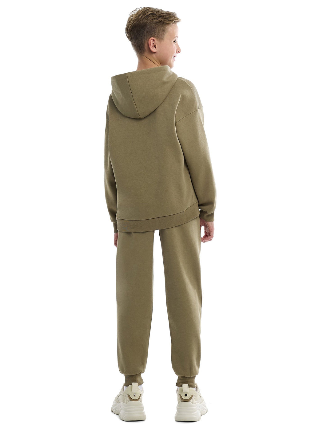 Boys Stylish Olive Green Pullover Hoodie With Kangaroo Pocket And Joggers