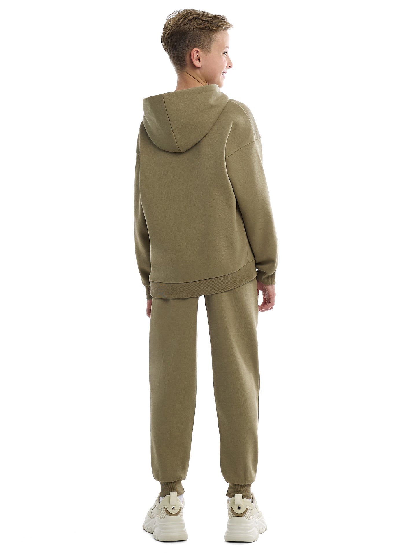 Boys Stylish Olive Green Pullover Hoodie With Kangaroo Pocket And Joggers