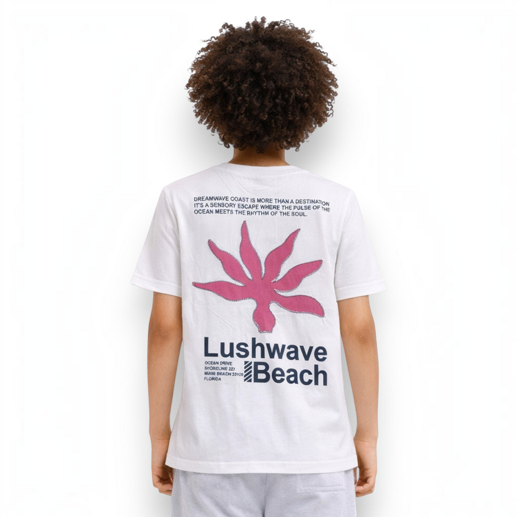 victor and jane boys white graphic t-shirt with pink starfish design and beach-themed text on the back