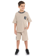 Oversized - Boys' Jacquard 2-Piece Set - T-Shirt With Badge Detail And Matching Shorts With Pockets,
