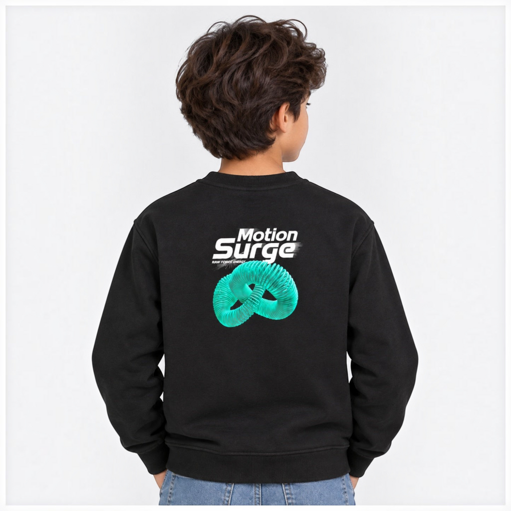 victor and jane boys black fleece sweatshirt featuring a teal abstract graphic print on the back